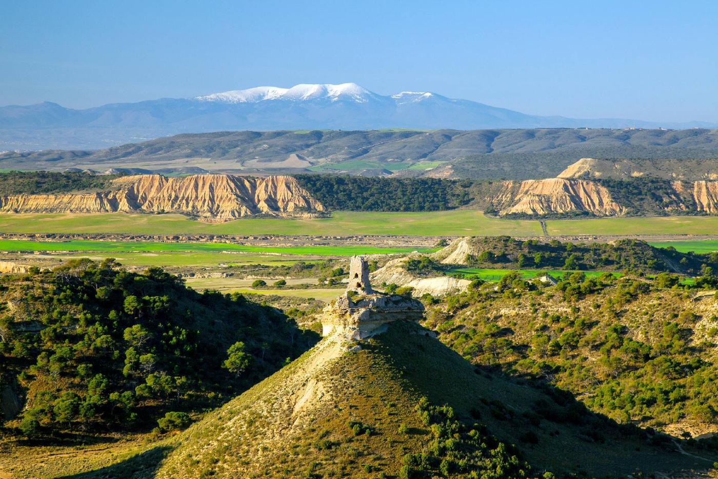 Parque Natural de las Bardenas Reales con el Moncayo nevado al fondo